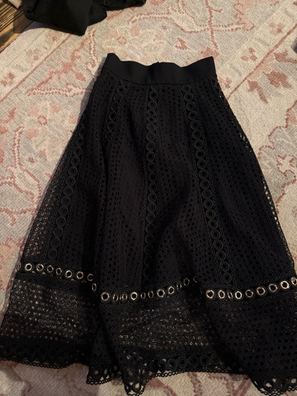Maje Black Eyelet Lace A-Line Midi Skirt with Grommet Detail
